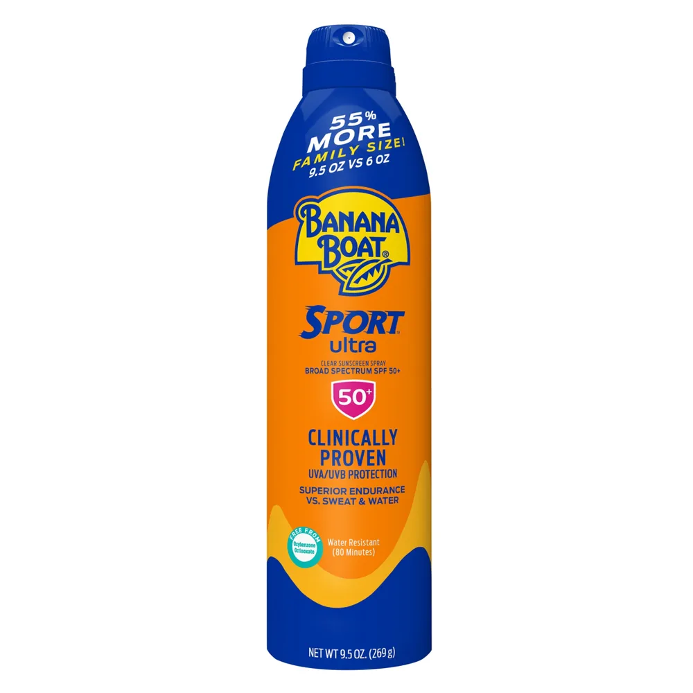 Banana Boat Sport Ultra SPF 50 Sunscreen Spray aerosol can in yellow and blue packaging