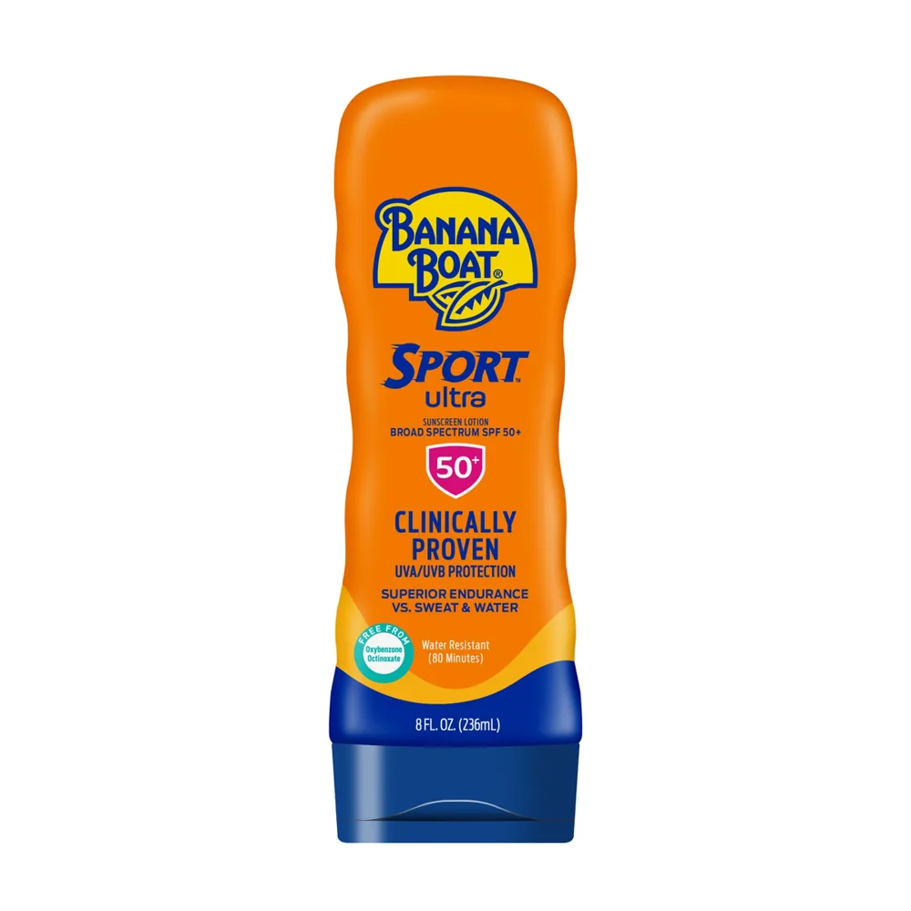 Banana Boat Ultra Sport Sunscreen Lotion SPF 50+ squeeze tube in blue and yellow packaging