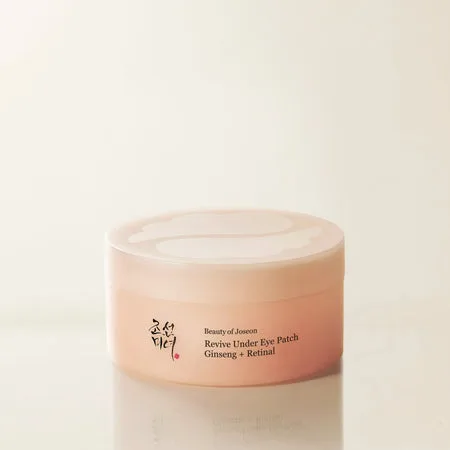 Beauty of Joseon Revive Under Eye Patch: Ginseng + Retinal in a glass jar with pearlescent hydrogel patches and spatula