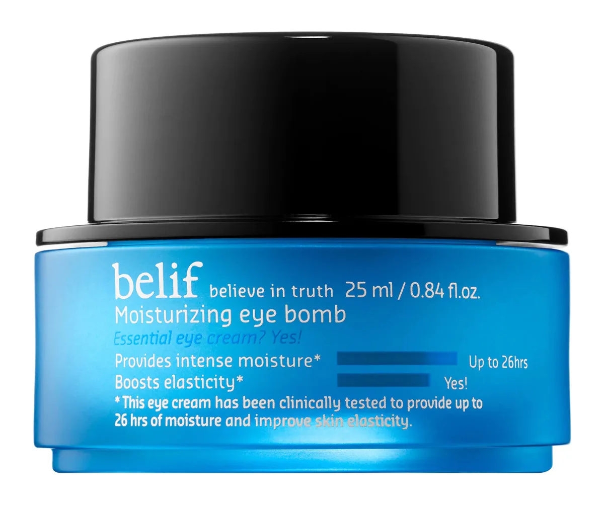 belif Eye Bomb Moisturizing Eye Cream 25ml airless pump in blue-green packaging