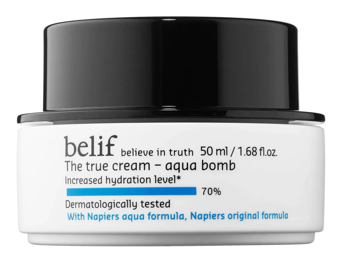 belif The True Cream Aqua Bomb in tall frosted glass jar
