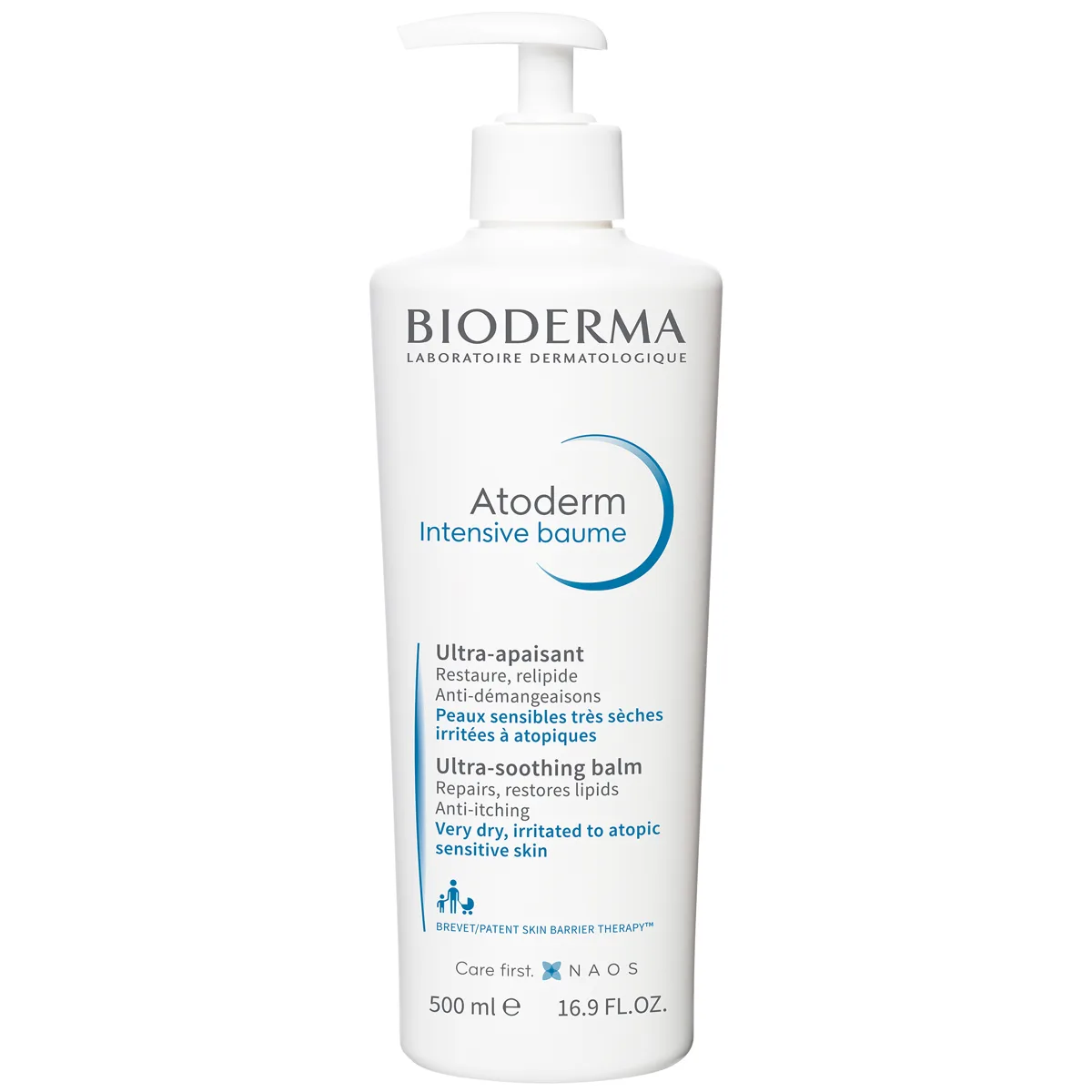 Bioderma Atoderm Intensive Baume pump bottle with white, blue, and orange packaging