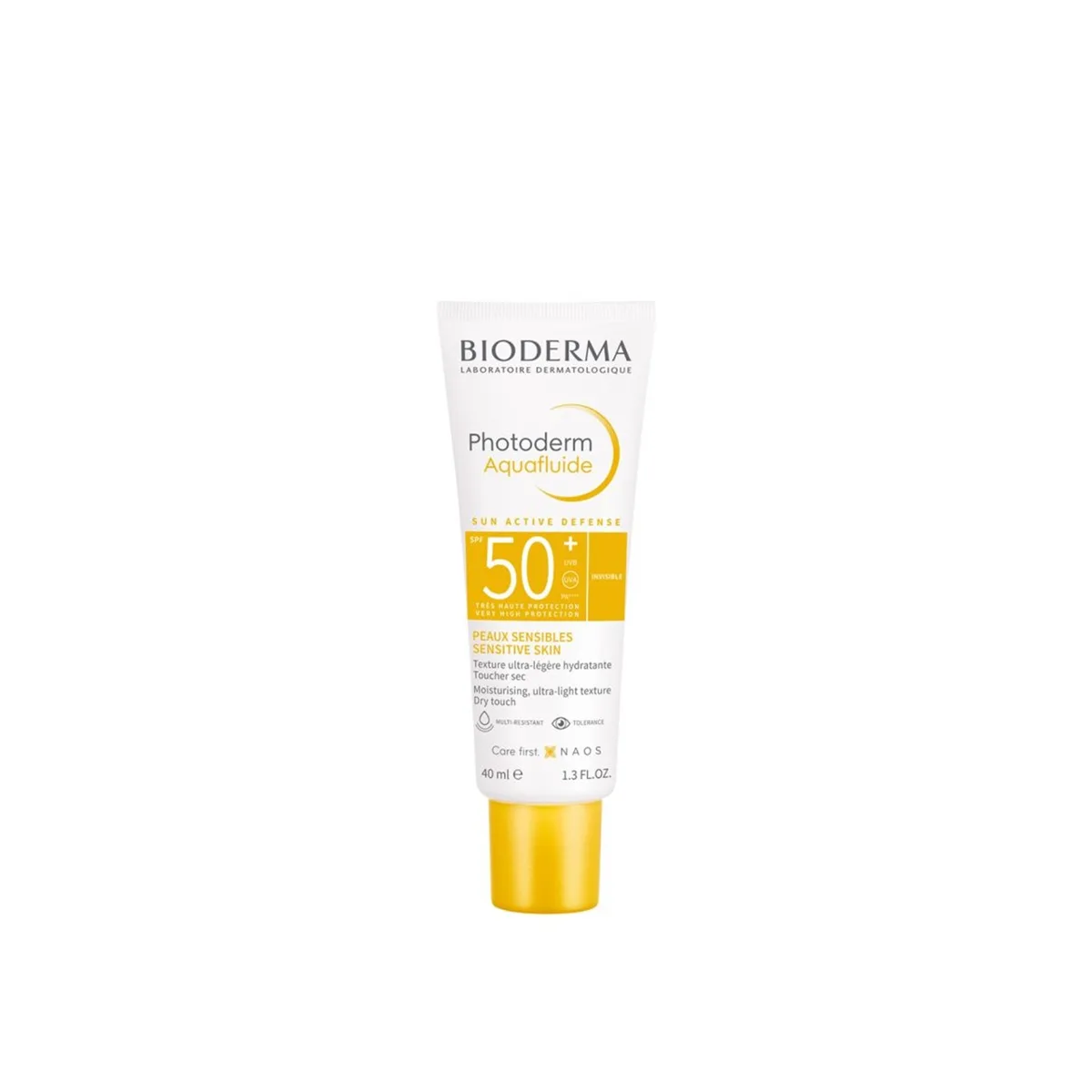 Bioderma Photoderm Aquafluid SPF 50+ sunscreen in a slim white tube with blue and orange Photoderm branding