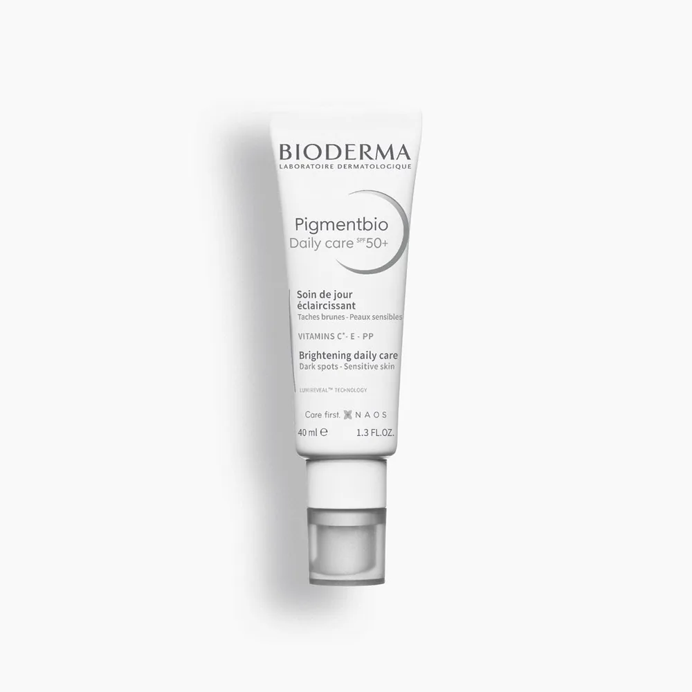 Bioderma Pigmentbio Daily Care SPF 50+ brightening cream in a white pump tube with peach Pigmentbio branding