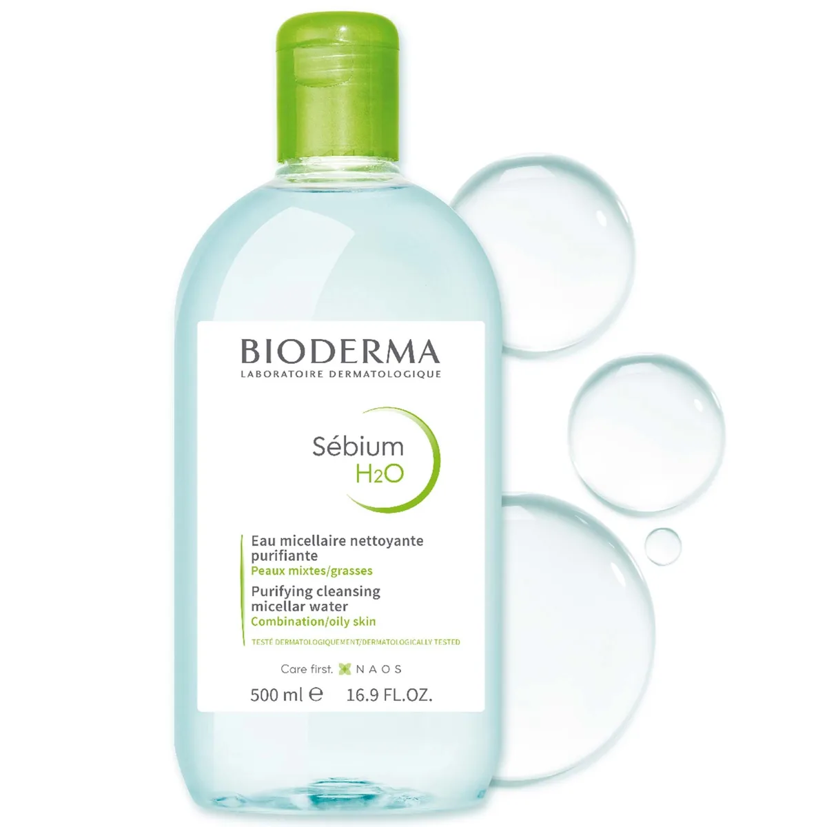 Bioderma Sebium H2O Micellar Water 500ml clear bottle with green label on white background