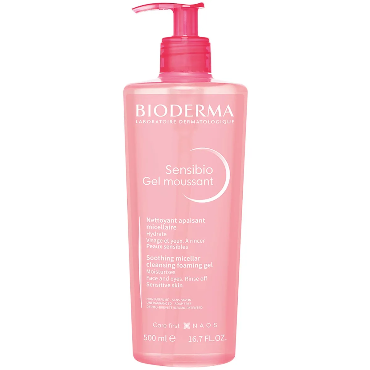Bioderma Sensibio Gel Moussant Micellar Foaming Gel 500ml pump bottle with pink Sensibio branding