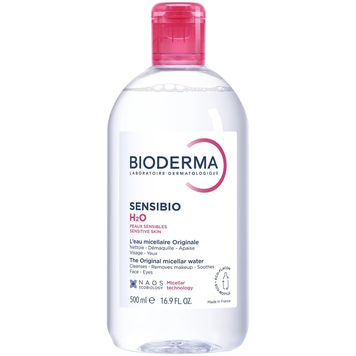 Bioderma Sensibio H2O Micellar Water 500ml clear bottle with pink label on white background