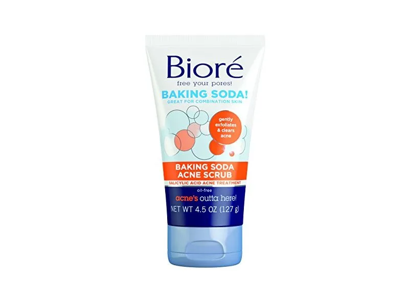 Biore Baking Soda Acne Scrub in a blue and white squeeze tube