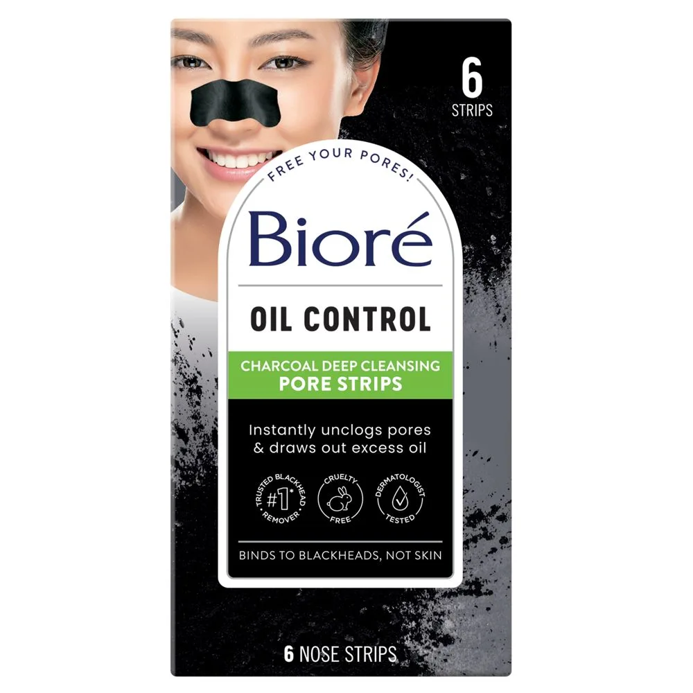 Biore Deep Cleansing Charcoal Pore Strips box and individual charcoal nose strip
