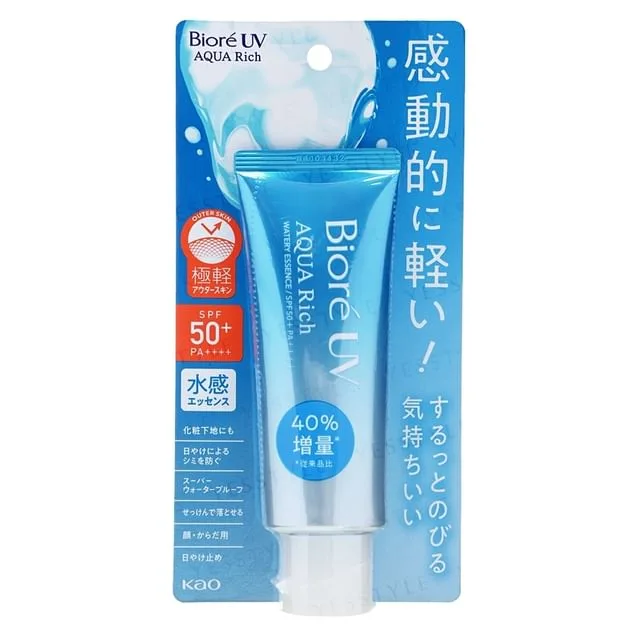 Biore UV Aqua Rich Watery Essence SPF 50+ PA++++ sunscreen tube in blue and white packaging