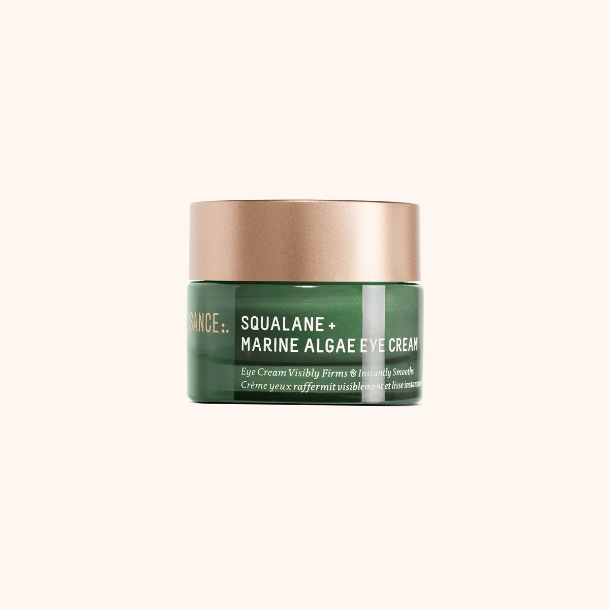 Biossance Squalane + Marine Algae Eye Cream in a small green glass jar