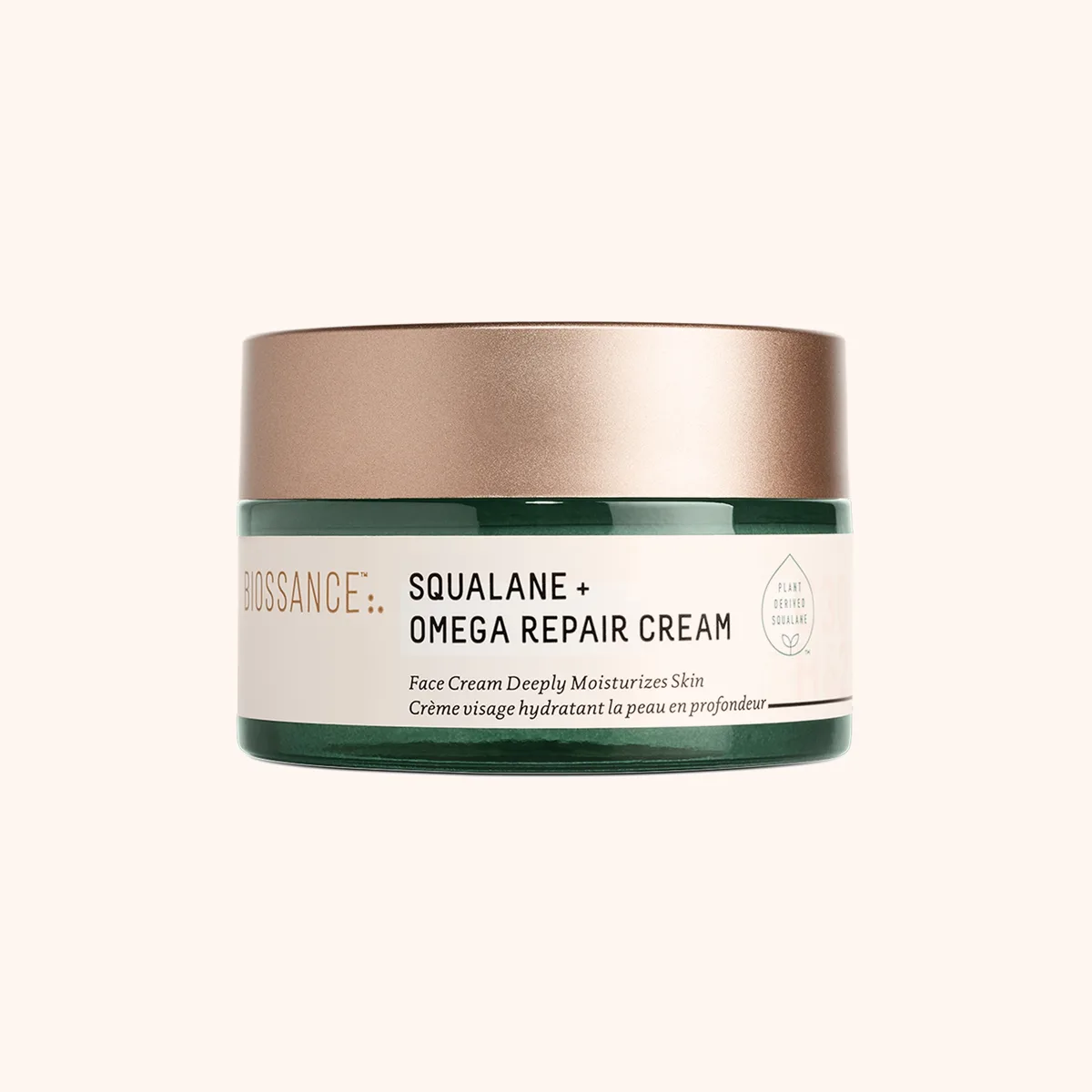 Biossance Squalane + Omega Repair Cream in signature green glass jar