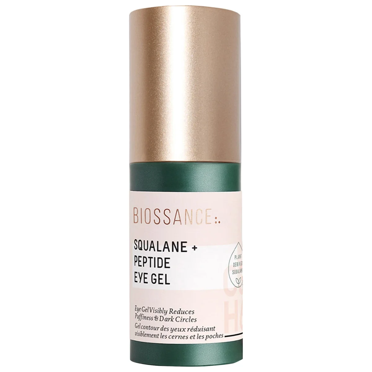 Biossance Squalane + Peptide Eye Gel in a white airless pump bottle