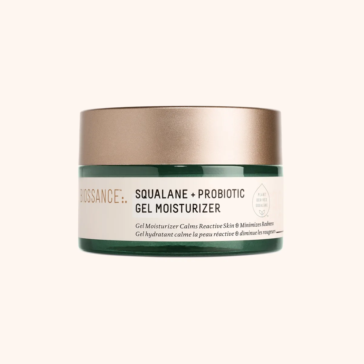 Biossance Squalane + Probiotic Gel Moisturizer in a green glass jar