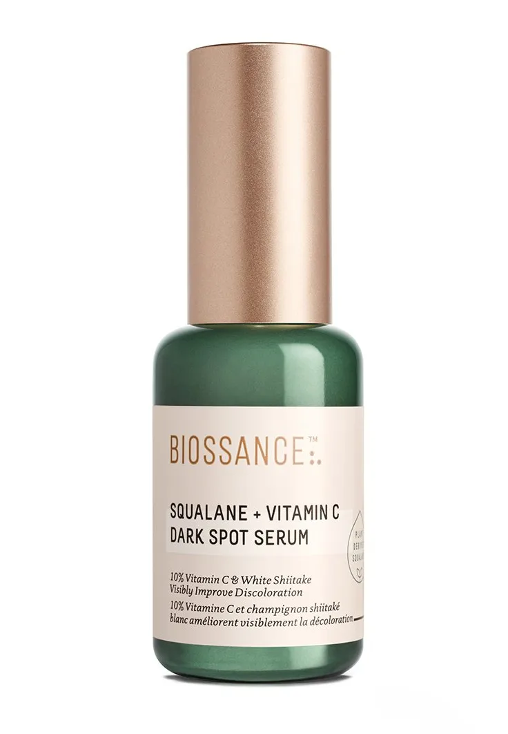 Biossance Squalane + Vitamin C Dark Spot Serum in a white pump bottle