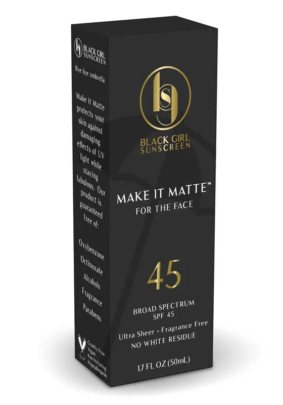 Black Girl Sunscreen Make It Matte SPF 45 gel sunscreen in a black and orange tube