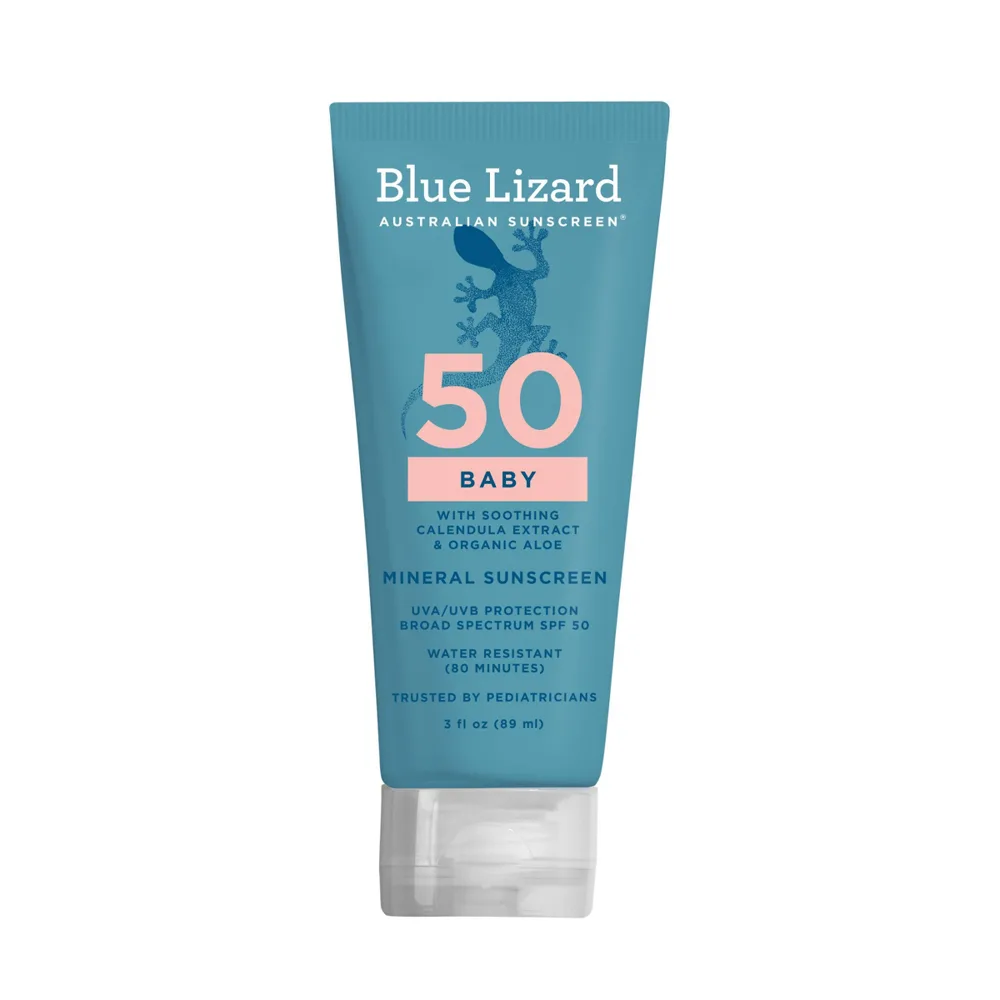 Blue Lizard Baby Mineral Sunscreen SPF 50+ in a blue squeeze bottle with SmartCap