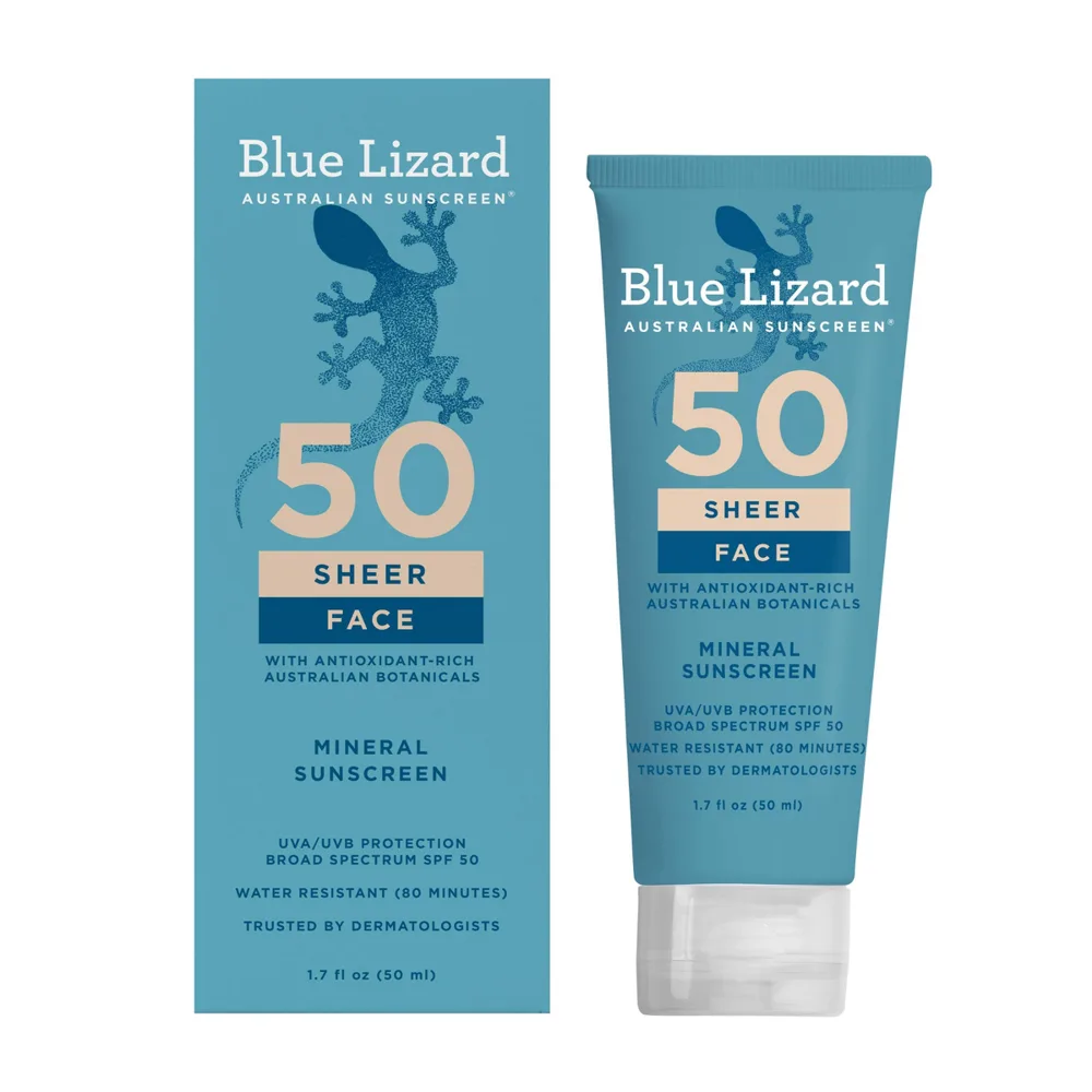 Blue Lizard Face Mineral Sunscreen SPF 50+ in a slim green-accented tube