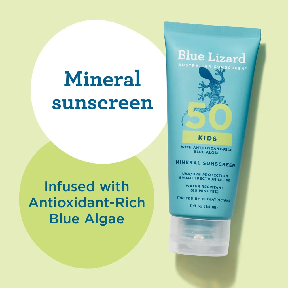 Blue Lizard Kids Mineral Sunscreen SPF 50+ in a blue and yellow squeeze bottle with SmartCap