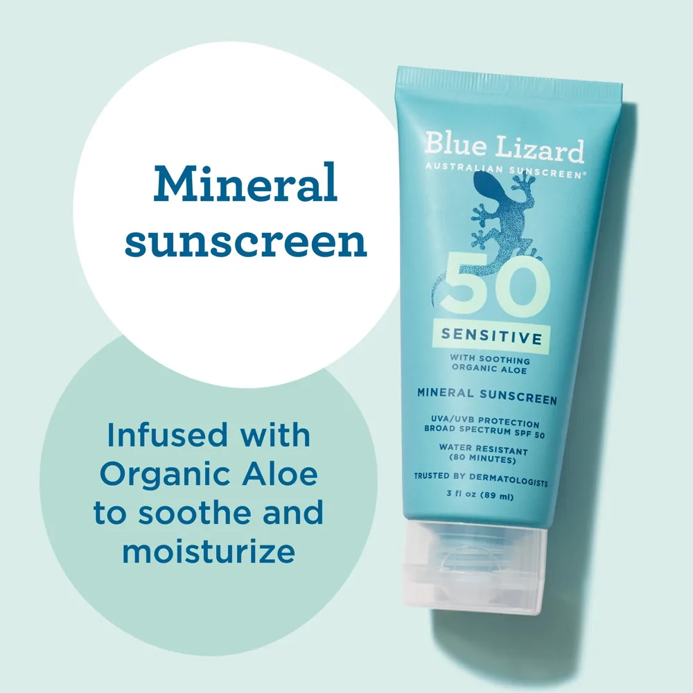 Blue Lizard Sensitive Mineral Sunscreen SPF 50+ in an orange squeeze bottle with SmartCap