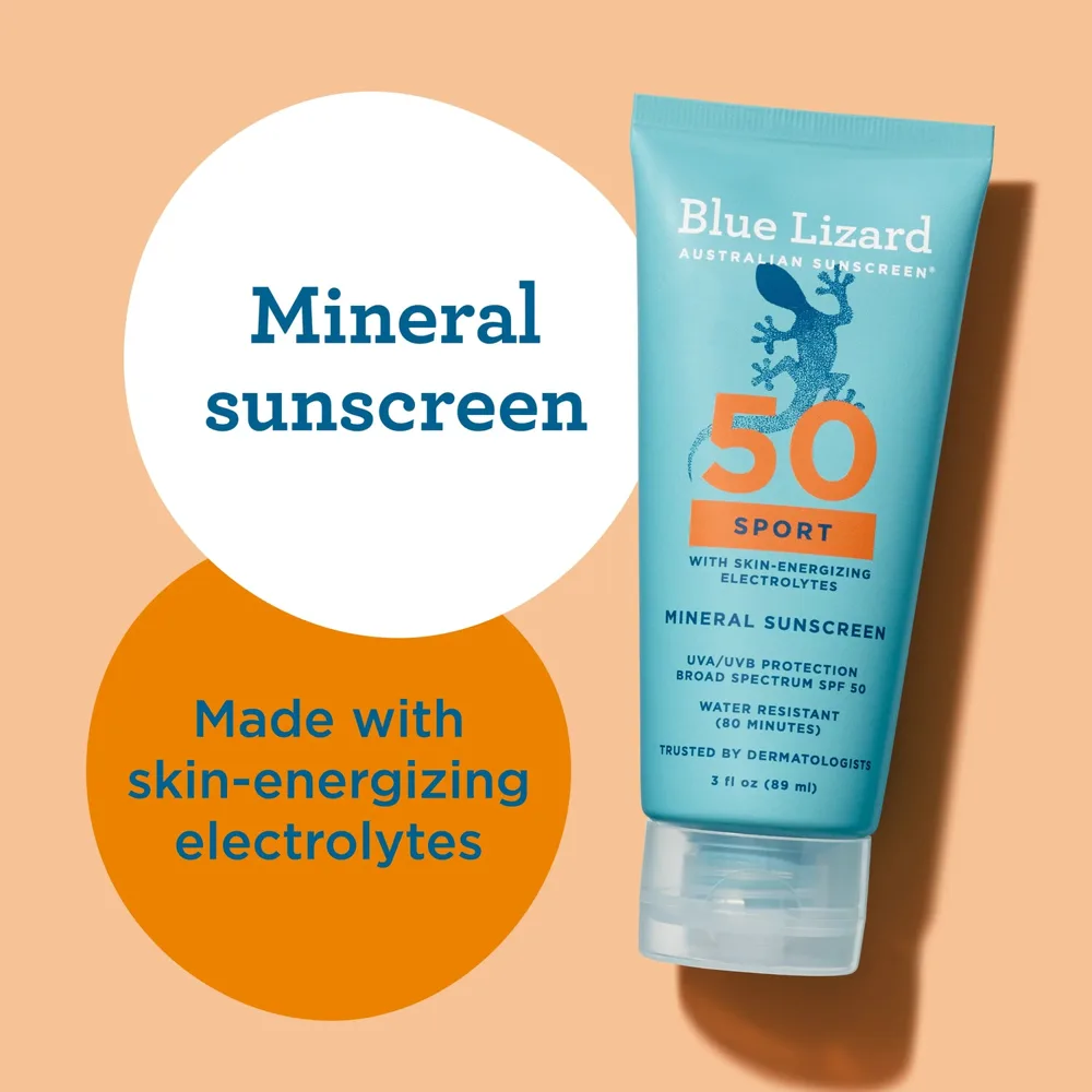 Blue Lizard Sport Mineral Sunscreen SPF 50+ in a red and blue squeeze bottle with SmartCap