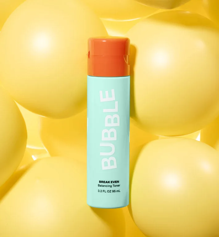 Bubble Skincare Break Even Balancing Toner in a colorful plastic bottle