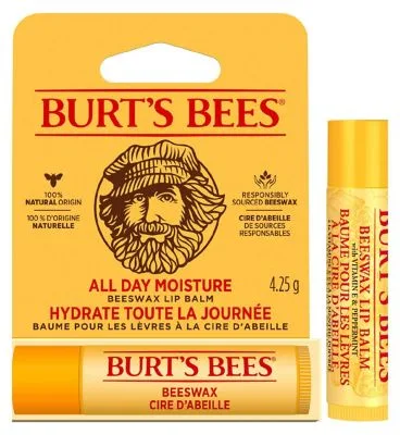 Burt's Bees Beeswax Lip Balm yellow tube with Burt's bearded portrait