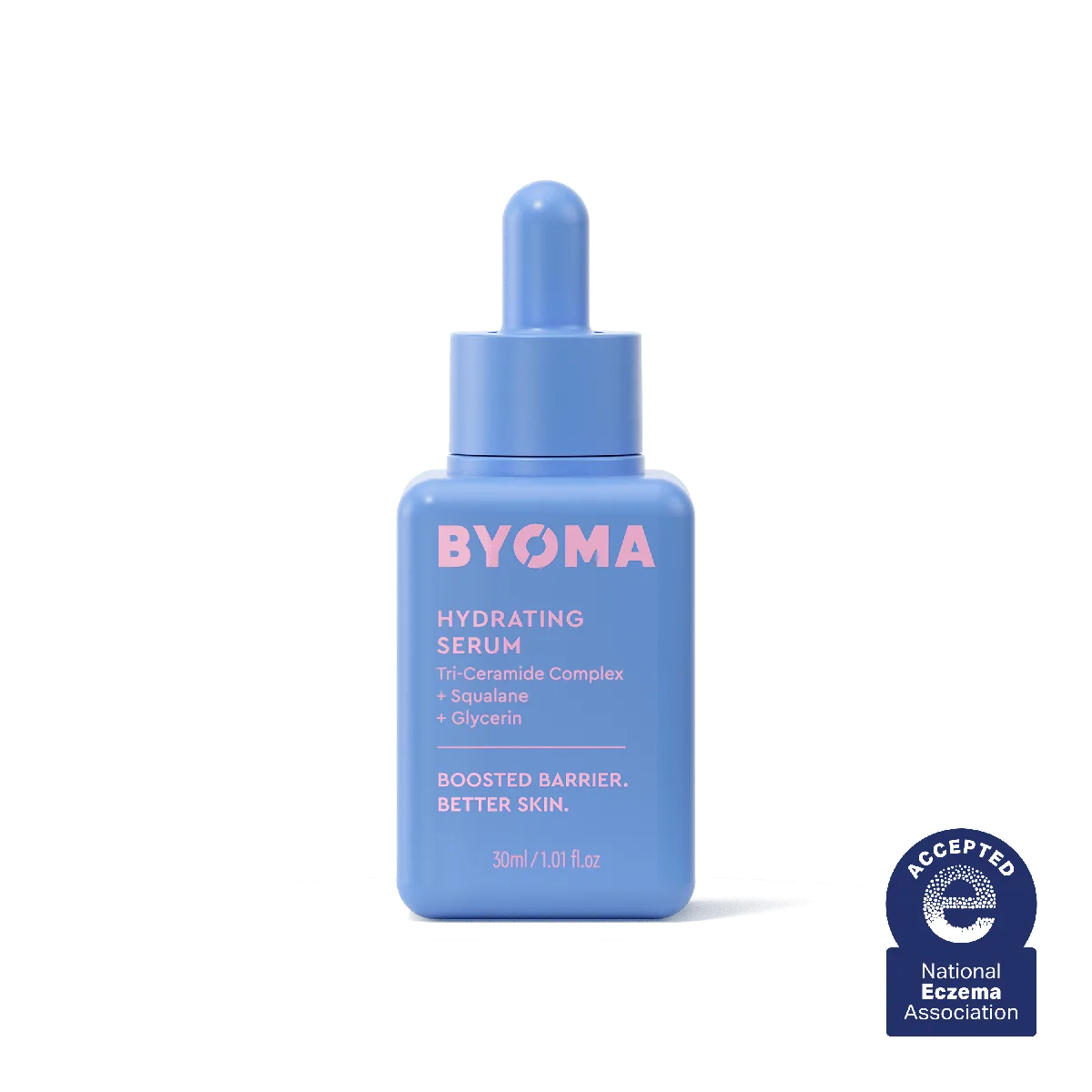 Byoma Hydrating Serum bottle with dropper cap, featuring the brand's minimalist white and pastel packaging design