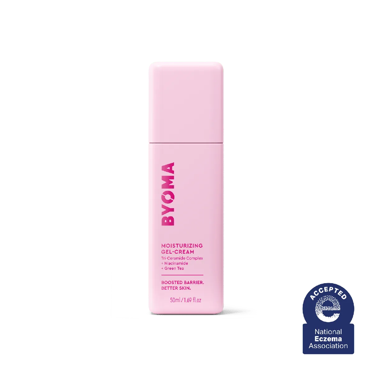 Byoma Moisturizing Gel Cream pump bottle with the brand's minimalist white and pastel packaging design