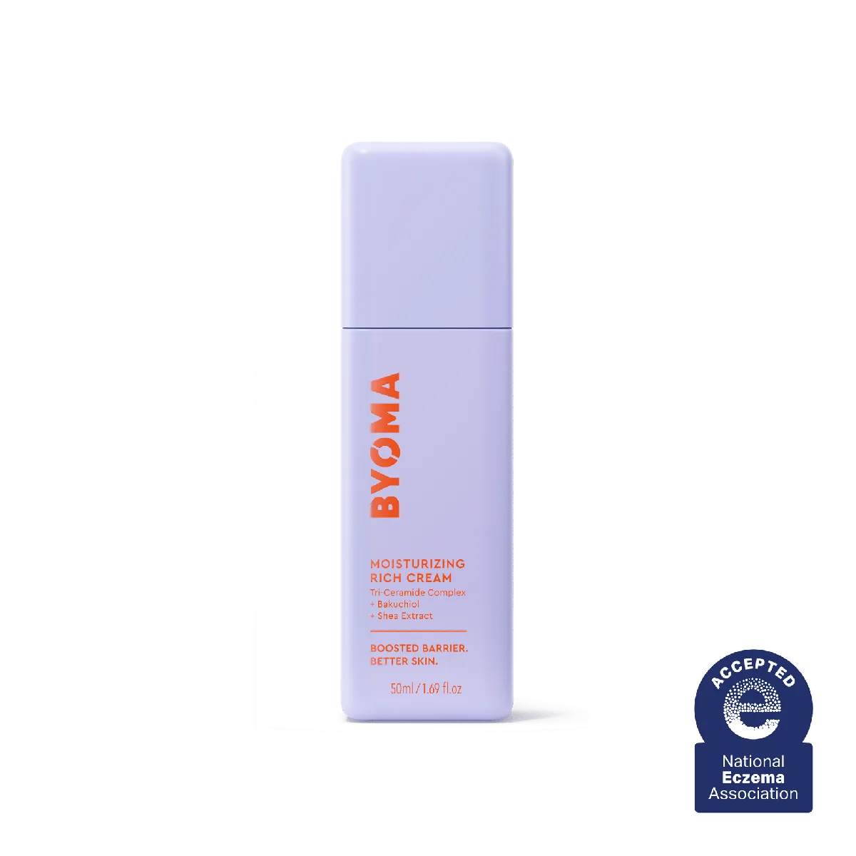 Byoma Moisturizing Rich Cream pump bottle with the brand's minimalist white and pastel packaging design