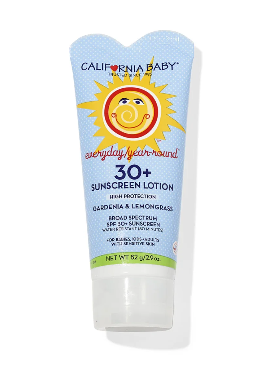California Baby Everyday/Year-Round Broad Spectrum SPF 30+ Sunscreen in a white tube with botanical illustrations