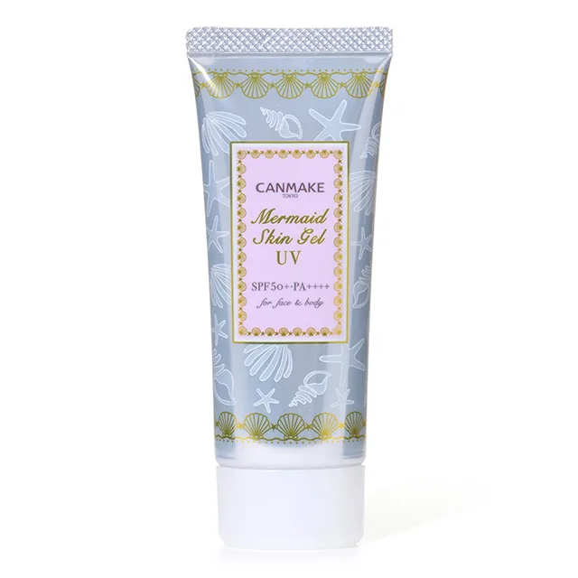 Canmake Mermaid Skin Gel UV Clear SPF 50+ tube in white and blue packaging