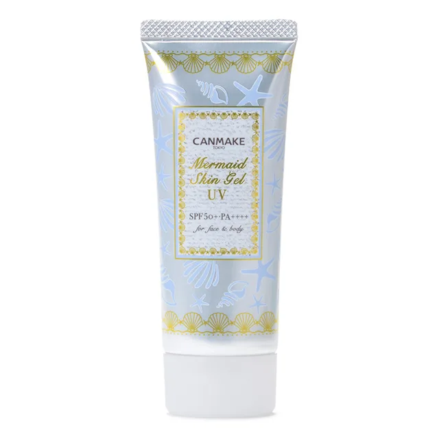 Canmake Mermaid Skin Gel UV SPF 50+ tube in white and blue packaging, 02 White variant