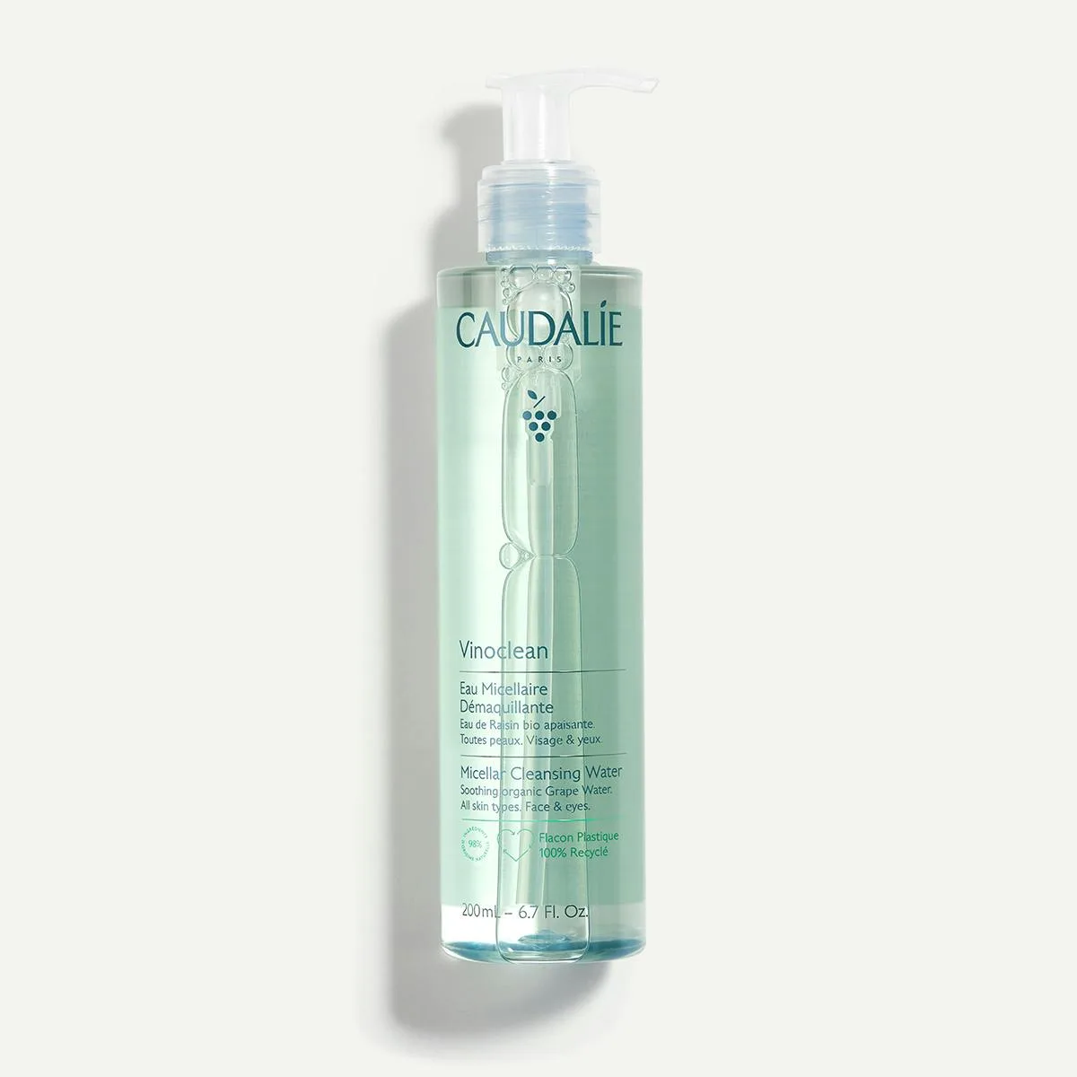 Caudalie Vinoclean Micellar Cleansing Water in a clear 200ml plastic bottle