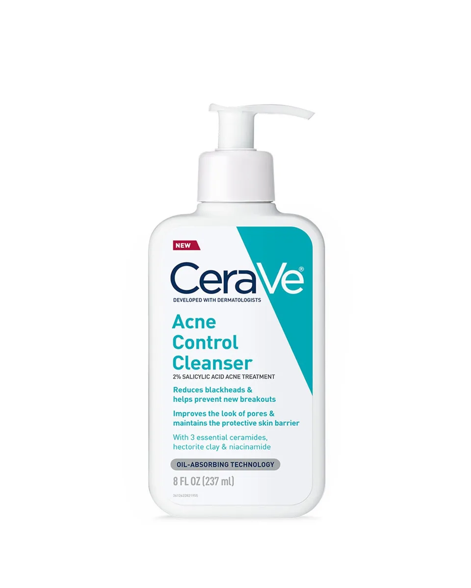 CeraVe Acne Control Cleanser with 2% Salicylic Acid white squeeze tube on white background