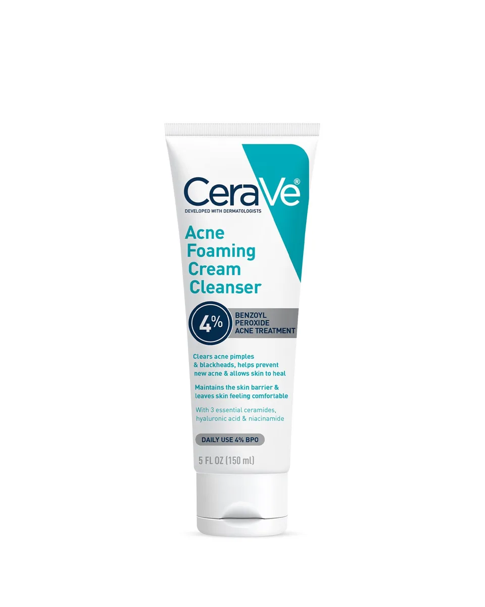 CeraVe Acne Foaming Cream Cleanser with 4% Benzoyl Peroxide white tube on white background