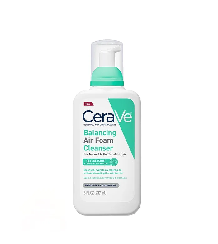 CeraVe Balancing Air Foam Cleanser 8 fl oz white pump bottle with blue accent stripe