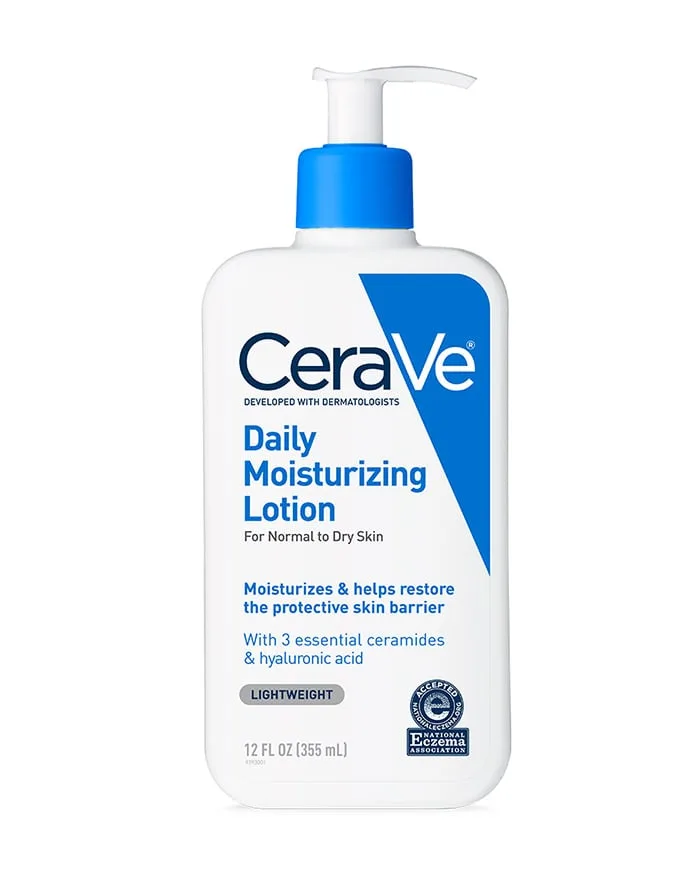 CeraVe Daily Moisturizing Lotion white pump bottle with teal branding on white background