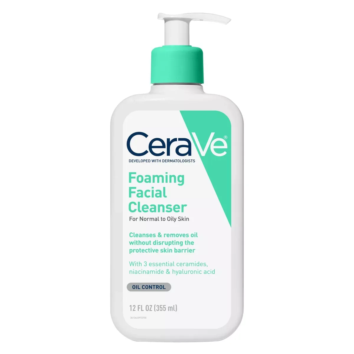 CeraVe Foaming Facial Cleanser in a white pump bottle with blue and green label