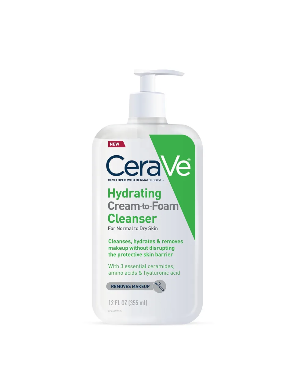 CeraVe Hydrating Cream-to-Foam Cleanser 12 fl oz white bottle with blue and green accents