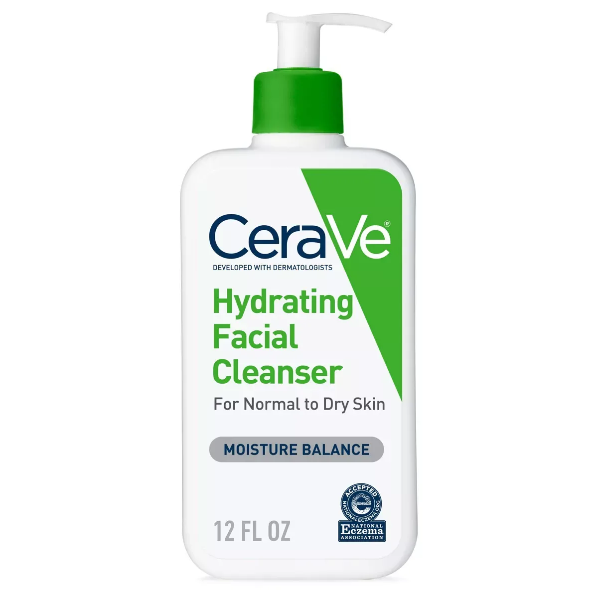 CeraVe Hydrating Facial Cleanser in a white pump bottle with blue and green label