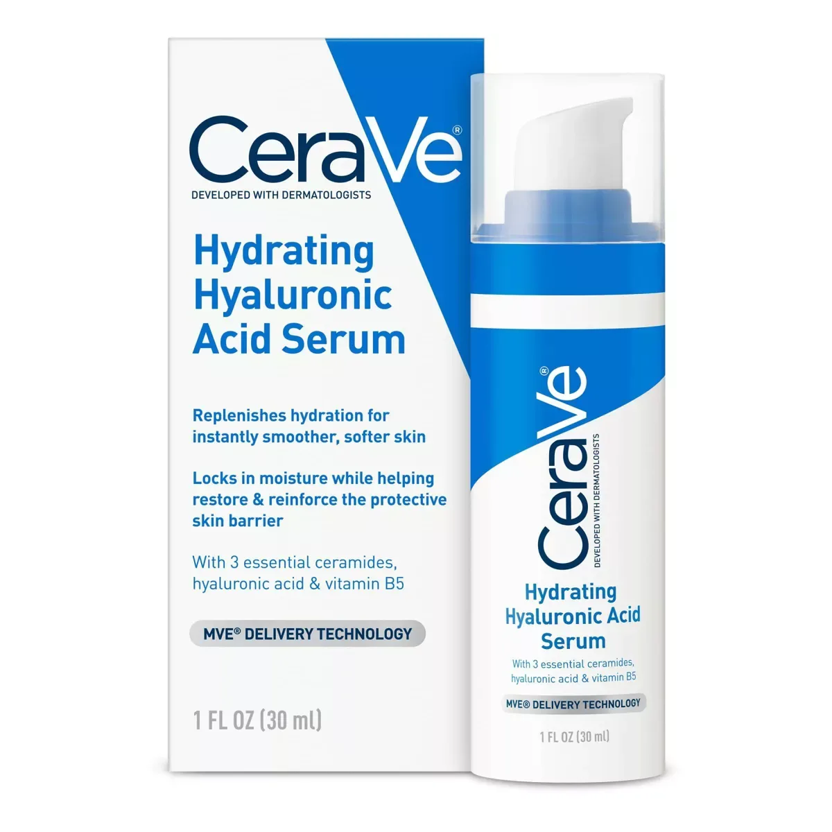 CeraVe Hydrating Hyaluronic Acid Serum in a small frosted white bottle with dropper