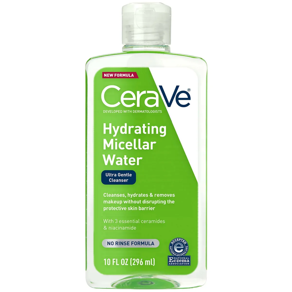 CeraVe Hydrating Micellar Water in a clear bottle with blue and green CeraVe label