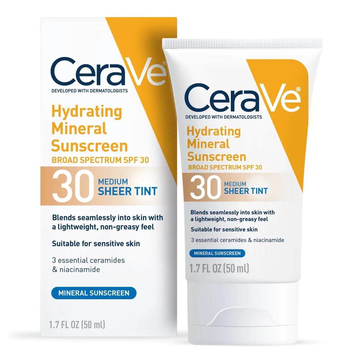 CeraVe Hydrating Mineral Sunscreen SPF 30 Face Sheer Tint tube with white and blue CeraVe packaging