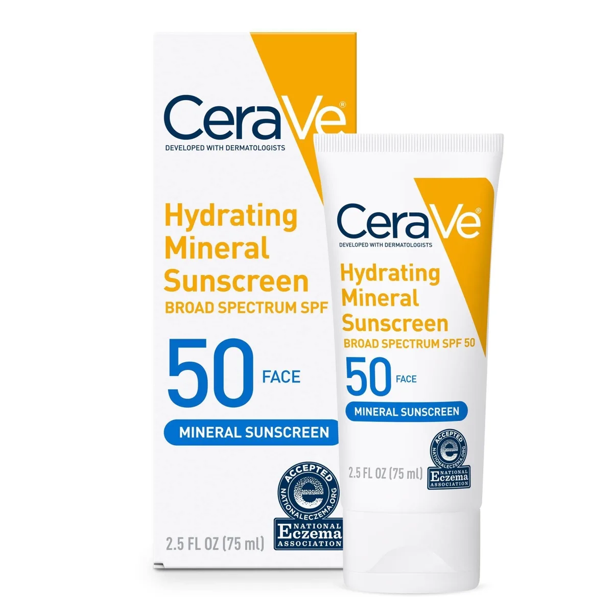 CeraVe Hydrating Mineral Sunscreen SPF 50 Face Lotion tube in white and blue CeraVe packaging