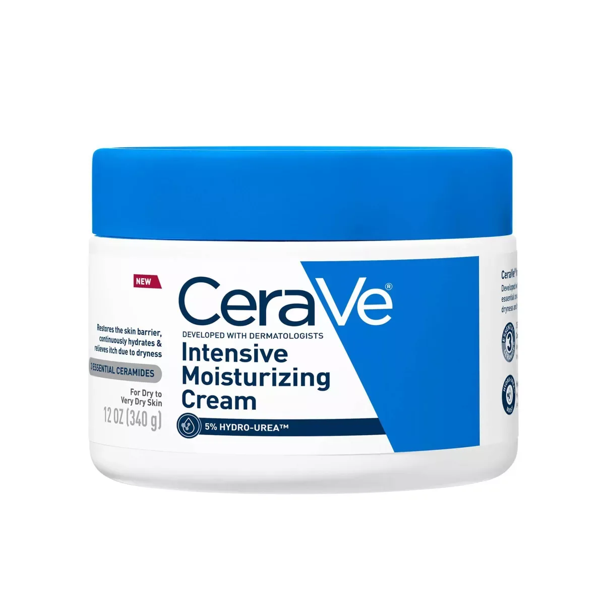 CeraVe Intensive Moisturizing Cream in a white jar with blue and green CeraVe branding