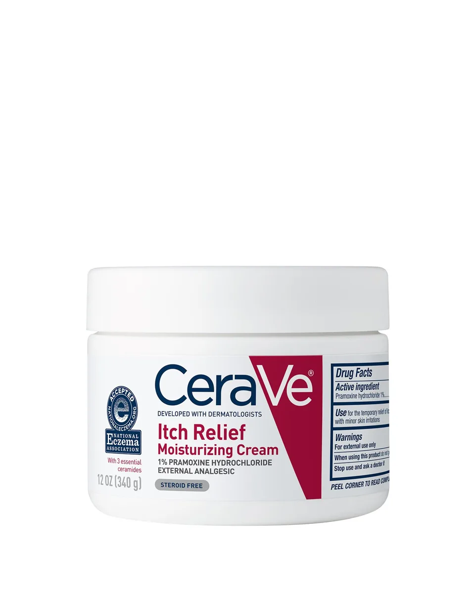 CeraVe Itch Relief Moisturizing Cream in a white jar with blue and green CeraVe branding