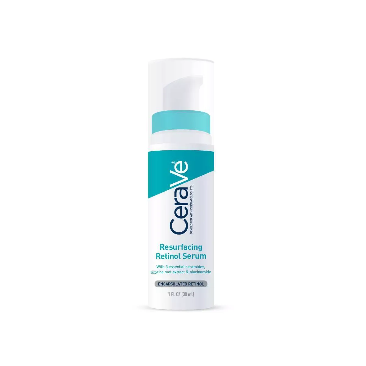 CeraVe Resurfacing Retinol Serum in a small white bottle with pump dispenser
