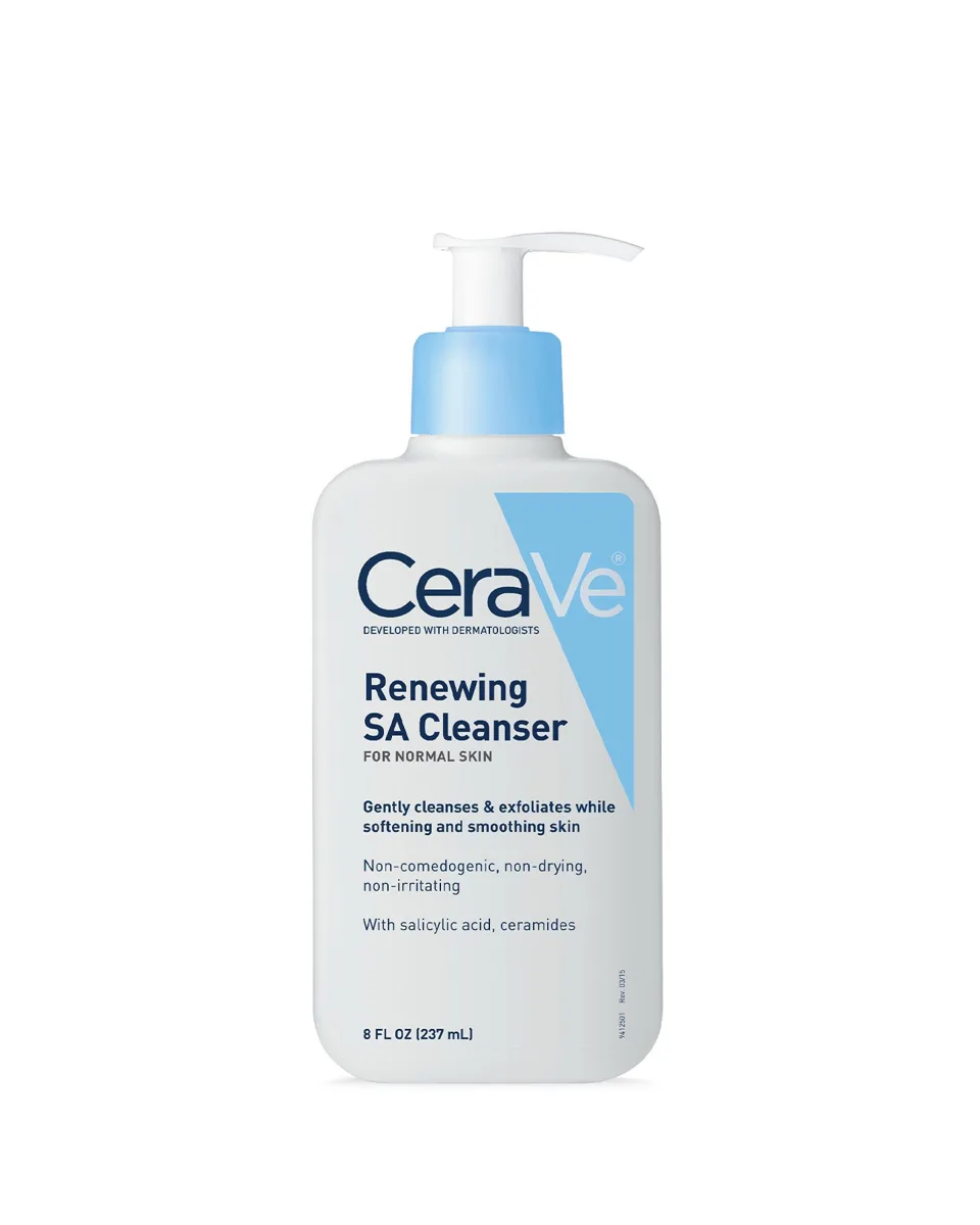 CeraVe SA Smoothing Cleanser bottle with teal branding and flip-top cap