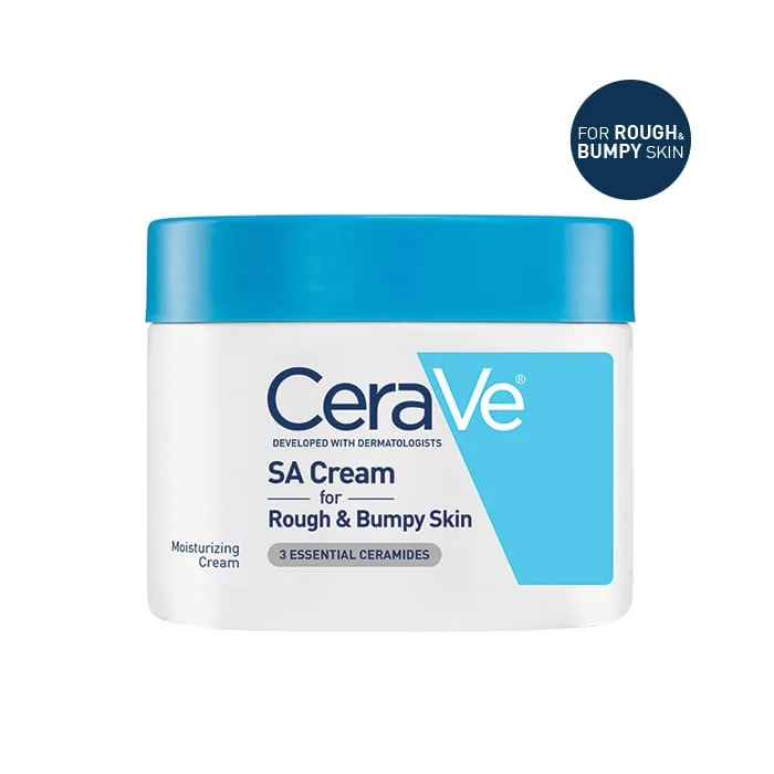 CeraVe SA Smoothing Cream tub with blue branding and screw-off lid